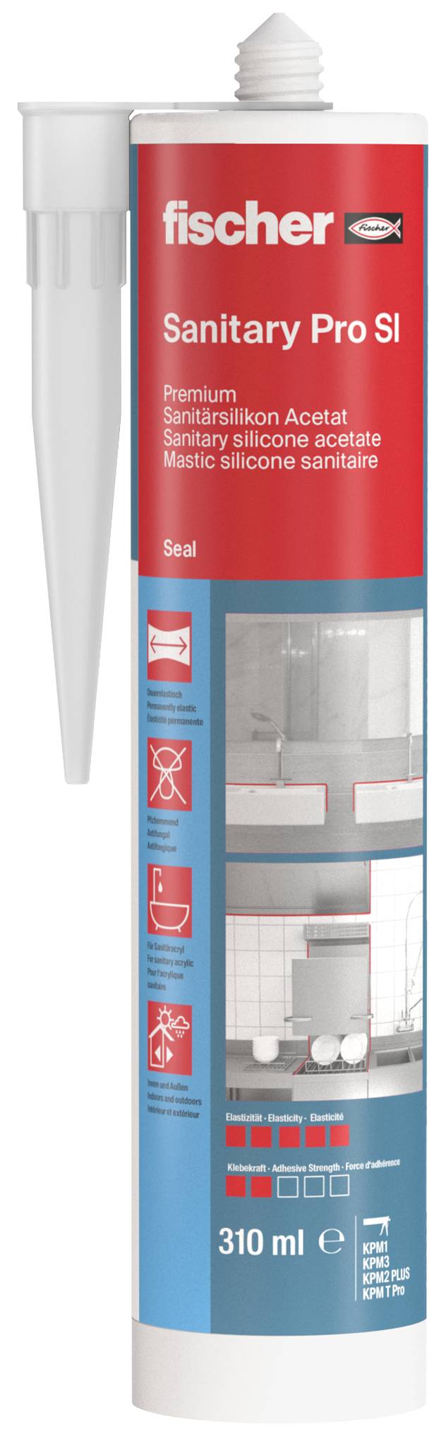 Un tube de scellant Fischer Sanitary Pro SI, 310 ml, pour un scellage au silicone sanitaire, présenté dans un emballage blanc et rouge.