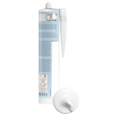 Tube cosmétique blanc avec capuchon à bascule, texte sur l'étiquette arrière, et embout de buse long séparé montré à côté.