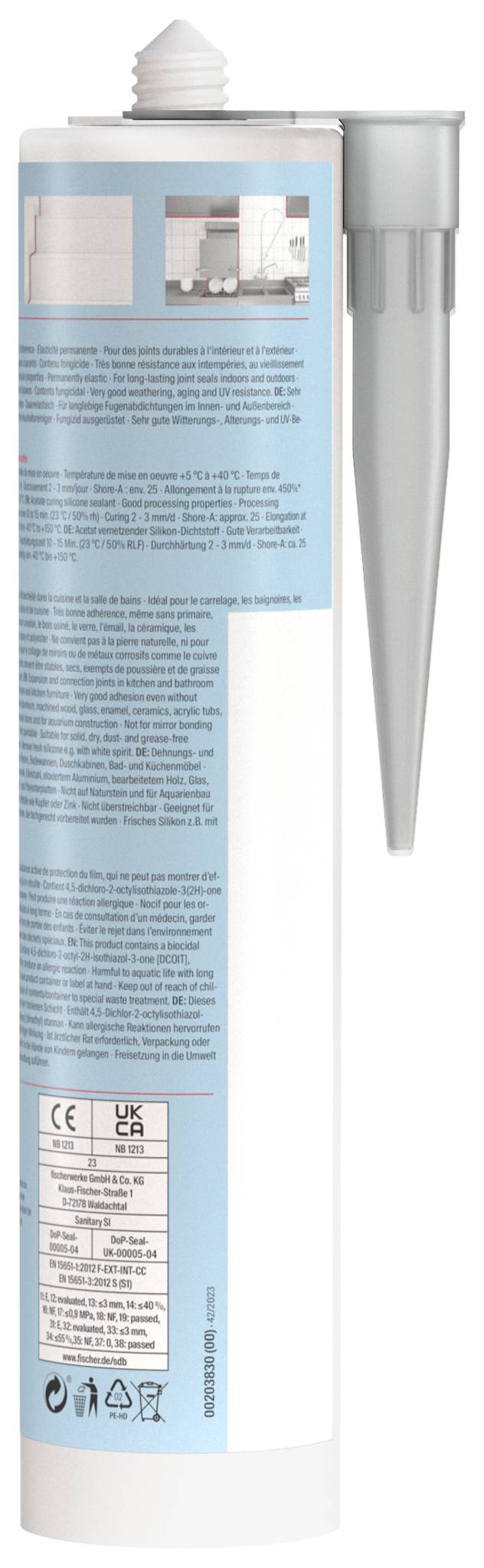 Une cartouche de mastic blanc et argent avec un embout pointu, un texte d'étiquette bleu et un panneau d'information produit présenté verticalement.