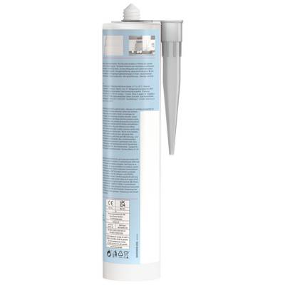 Une cartouche de mastic blanc et argent avec un embout pointu, un texte d'étiquette bleu et un panneau d'information produit présenté verticalement.