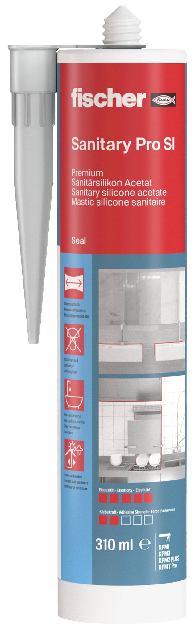 Cartouche de mastic silicone Fischer Sanitary Pro SI, 310 ml, avec buse et emballage produit pour l'étanchéité sanitaire.