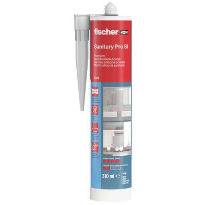 Cartouche de mastic silicone Fischer Sanitary Pro SI, 310 ml, avec buse et emballage produit pour l'étanchéité sanitaire.