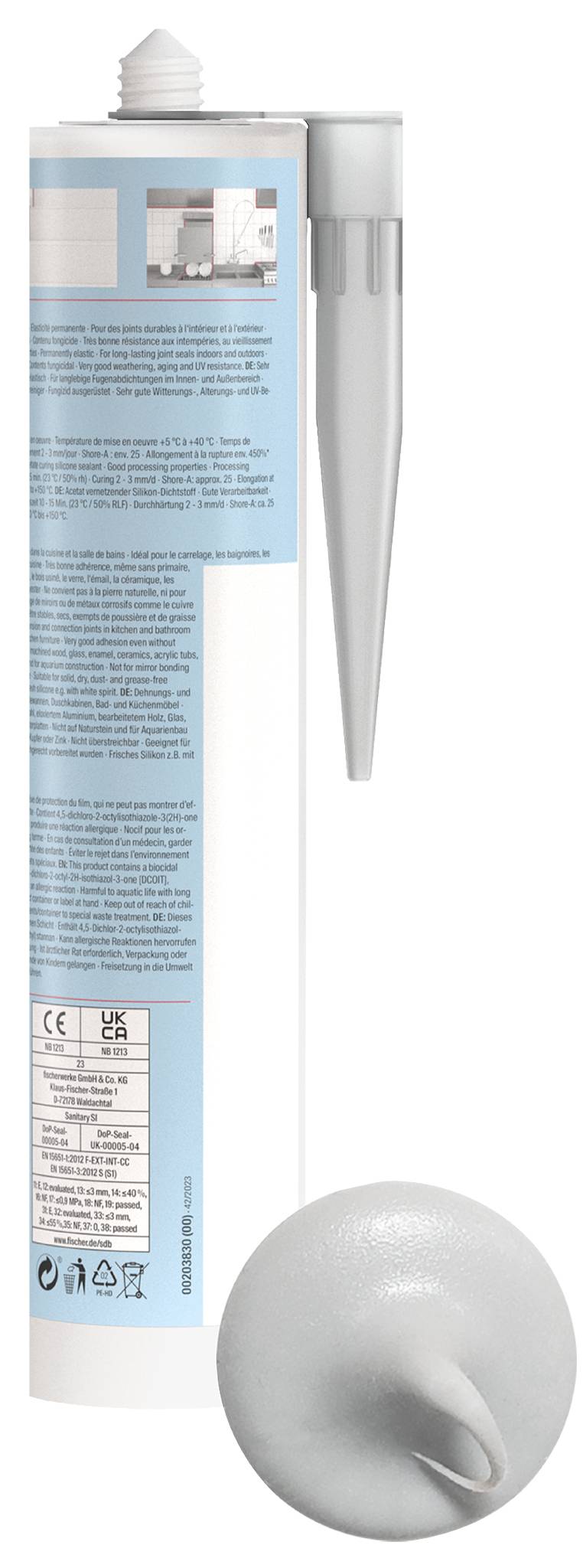 Photo d'un tube souple blanc et bleu clair avec un embout pointu et un capuchon argenté séparé, présenté avec un applicateur circulaire gris.