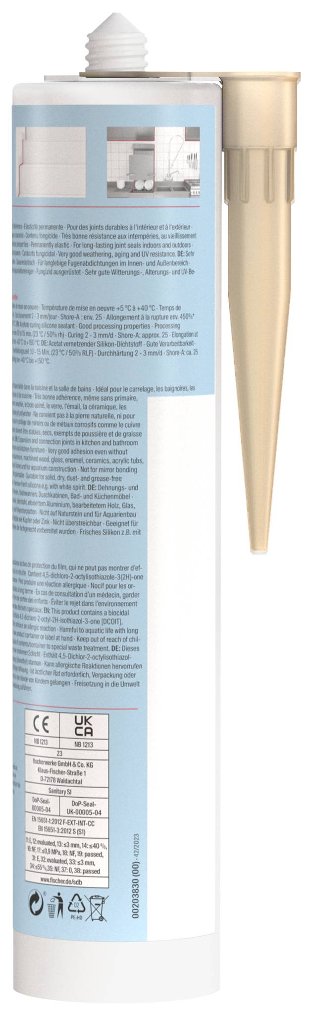 Un grand tube de crème cosmétique avec un bouchon blanc et une pompe dorée, montré avec une étiquette de produit bleue et un petit texte d'ingrédients et de certification imprimé.