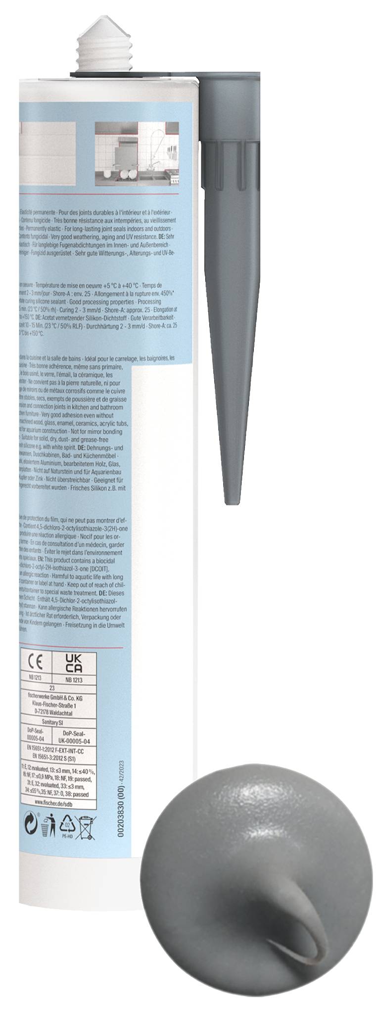 Un tube adhésif gris avec un embout pointu et un bouchon arrondi, présenté de face sur un fond blanc avec le texte de l'étiquette produit visible.