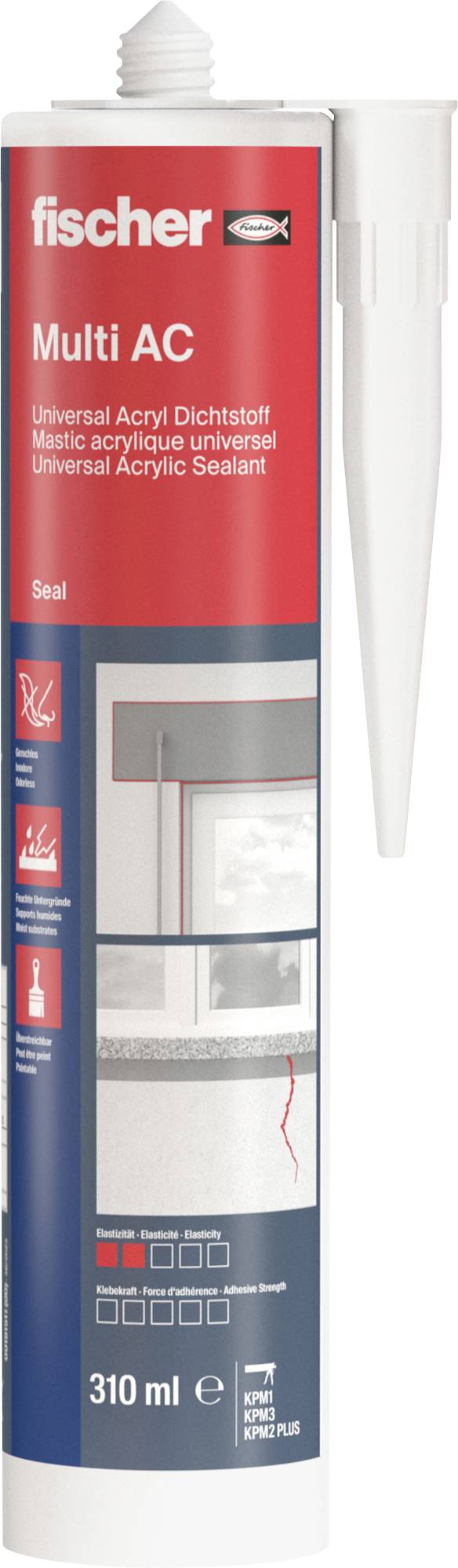 Cartouche de mastic acrylique 'fischer Multi AC', 310 ml, adapté à divers types de calfeutrage dans le domaine de la construction, blanc.