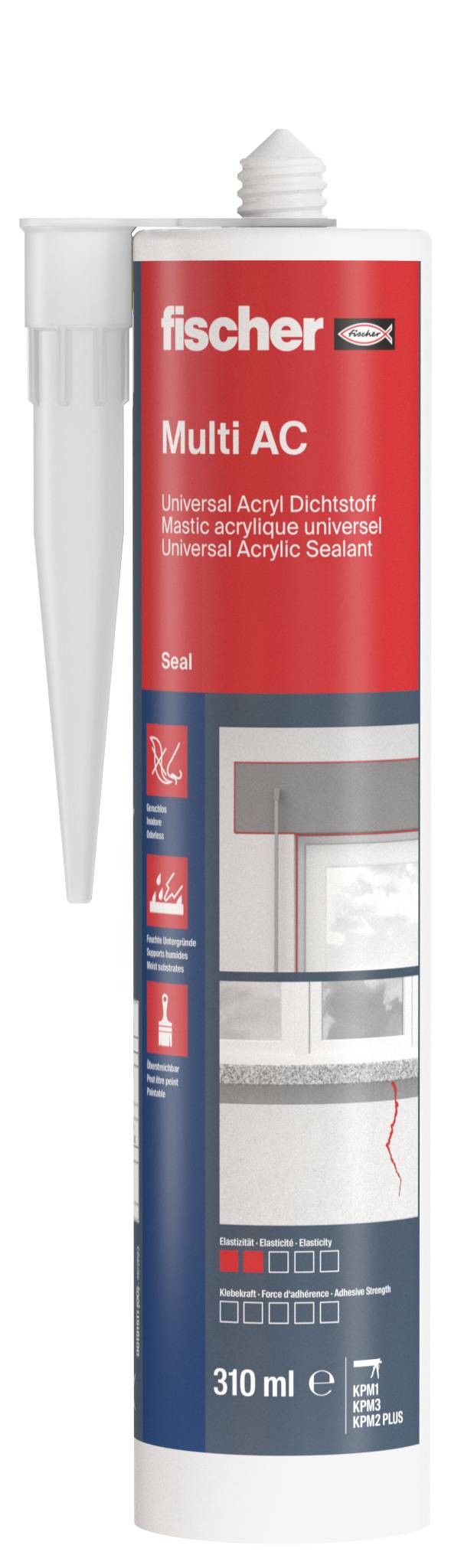 Un tube de scellant adhésif acrylique universel Fischer Multi AC, étiquette rouge et bleue, 310 ml, montré avec un applicateur à buse.