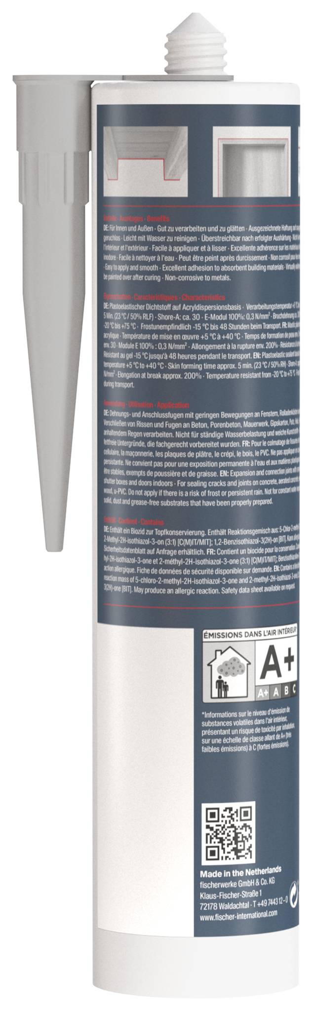 Une cartouche adhésive blanche avec un long embout et une étiquette imprimée, présentée verticalement comme emballage de produit.