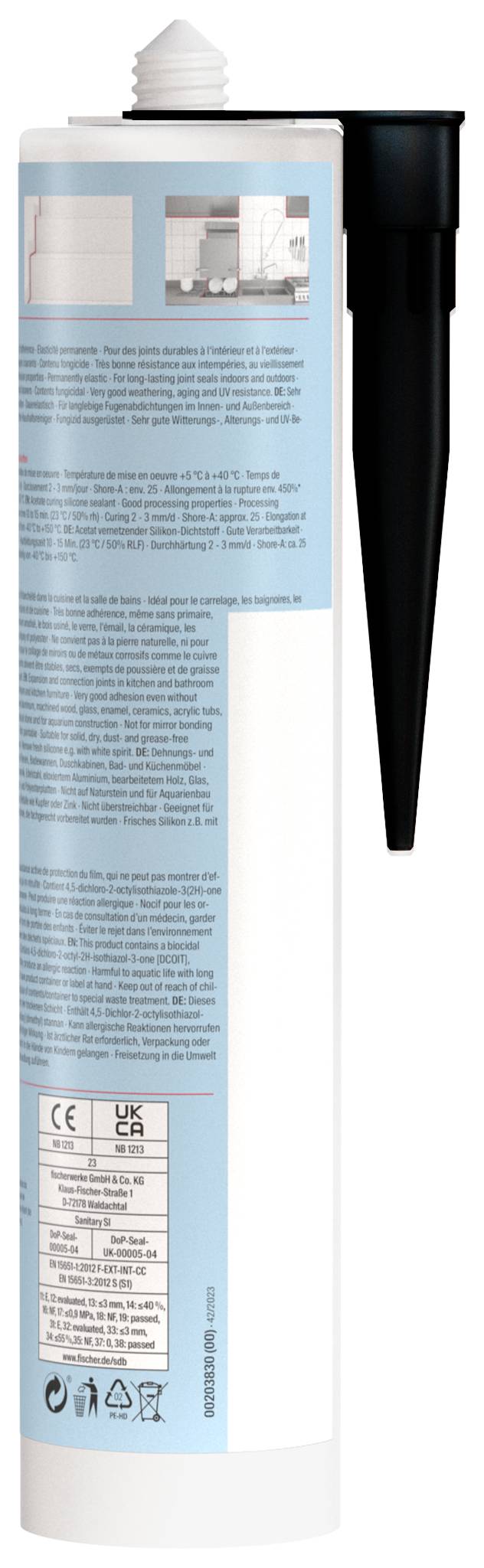 Cartouche de joint blanc avec étiquette bleue et embout conique noir, affichant l'emballage du produit et les informations d'utilisation.