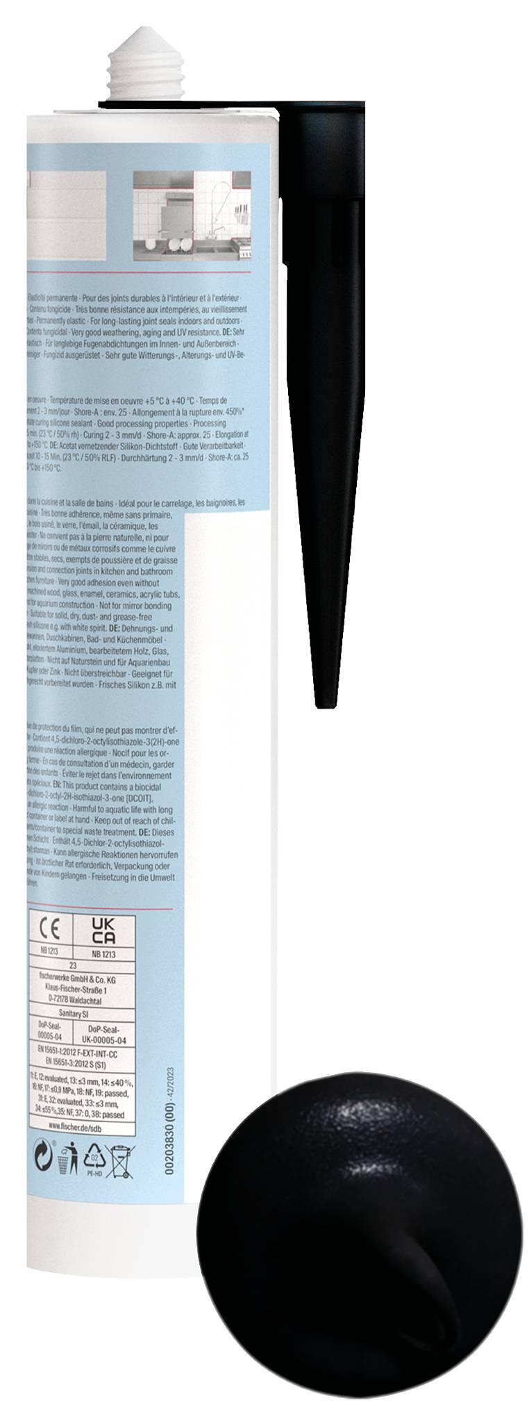 Un tube de produit cosmétique avec un embout noir et un bouchon noir séparé, présenté sur un fond blanc.