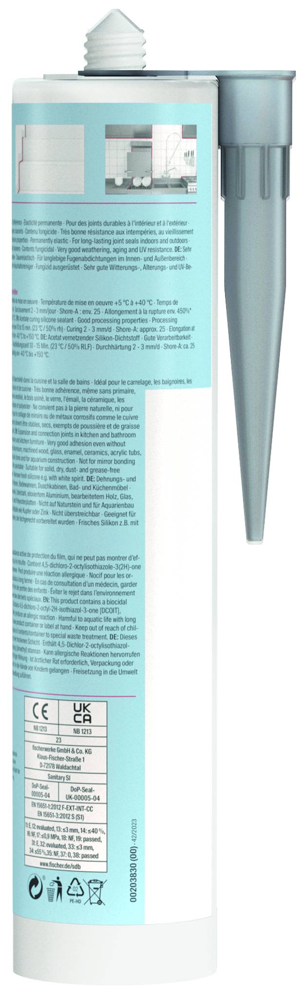Un tube adhésif blanc et bleu clair avec un bec verseur pointu gris, présenté comme un emballage de produit avec des instructions imprimées et des étiquettes.