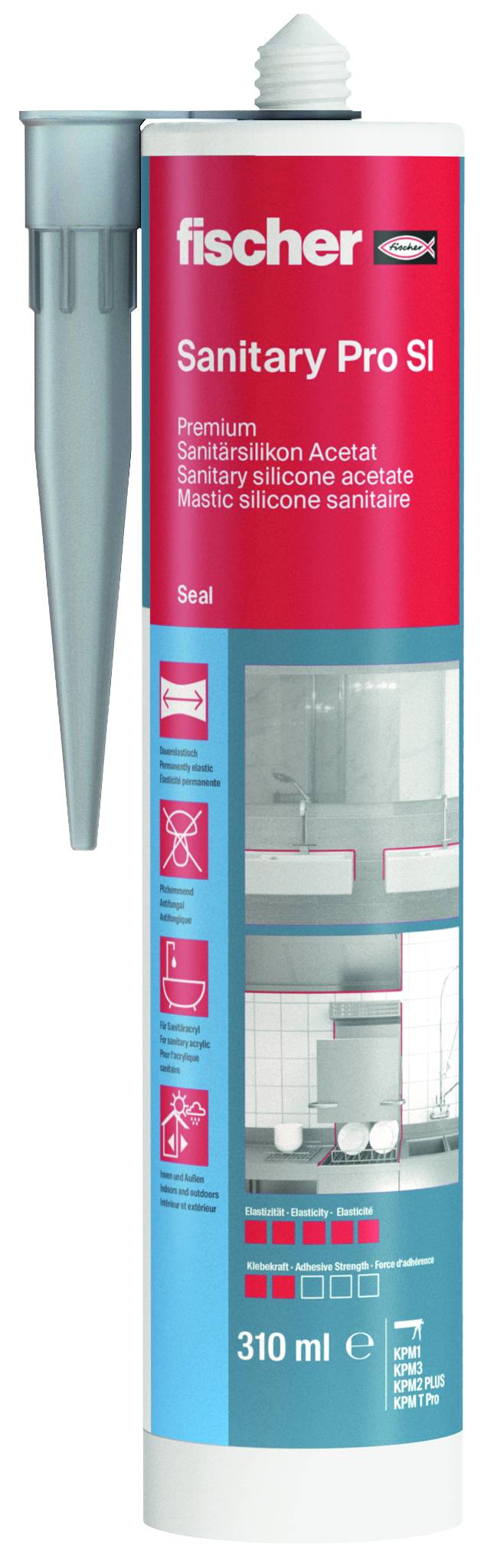 Image d'un tube de mastic silicone sanitaire Fischer Sanitary Pro SI, 310 ml, adhésif silicone sanitaire blanc avec buse applicatrice.