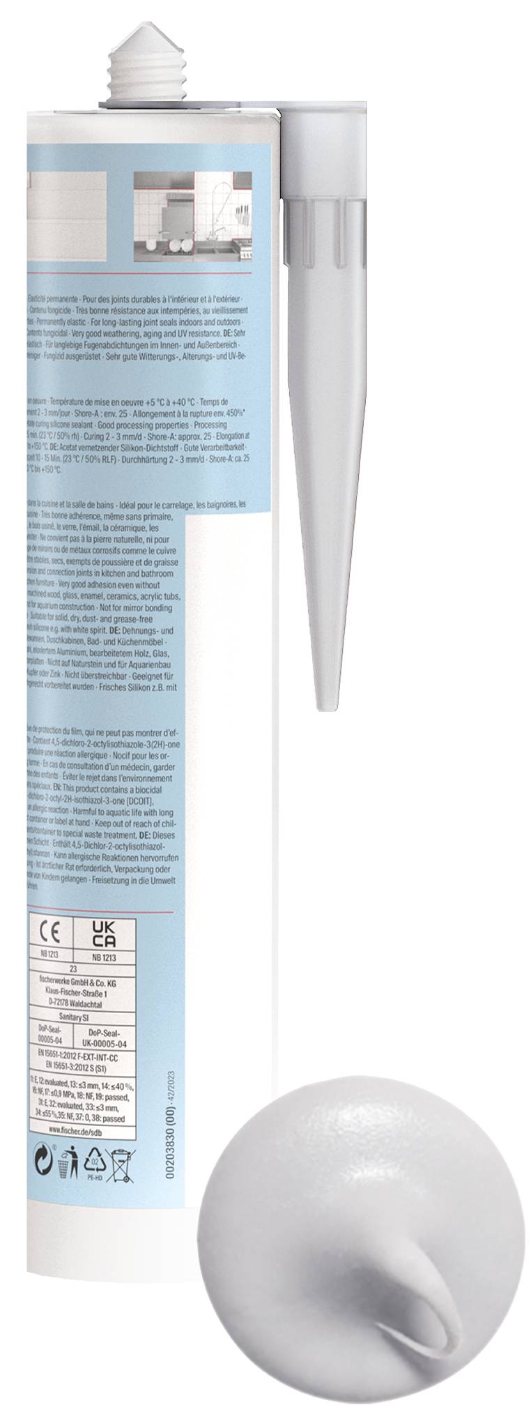 Tube d'adhésif blanc ou de scellant avec un embout applicateur pointu et un bouchon arrondi montré à côté.
