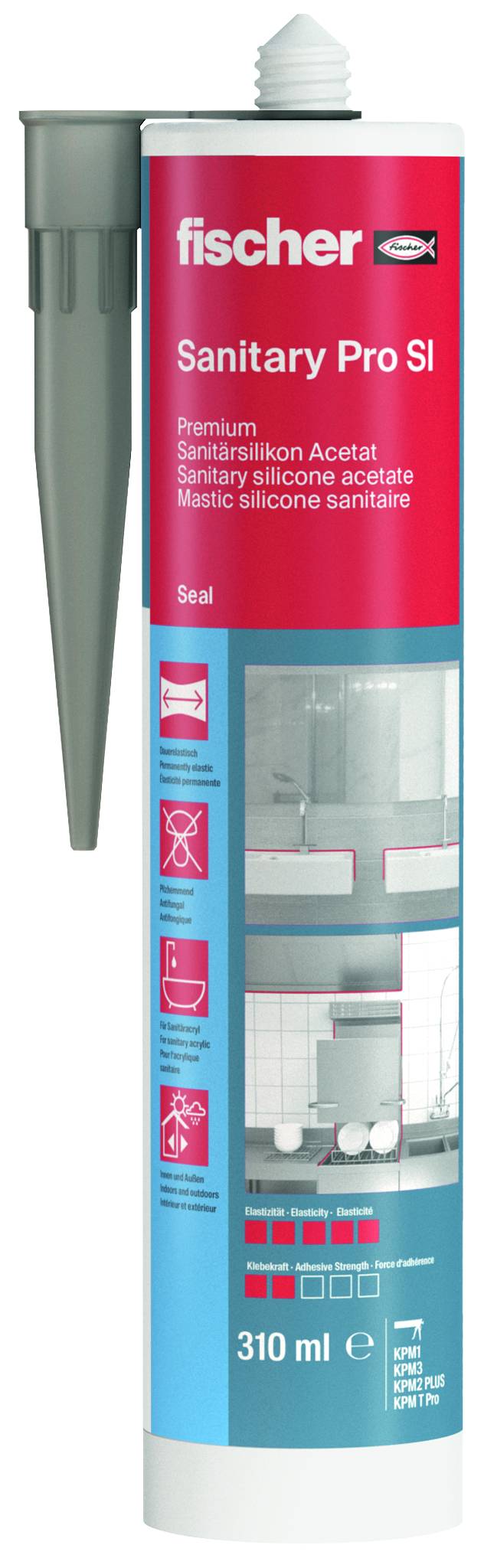 Cartridge of Fischer Sanitary Pro SI silicone sealant of 310 ml, in blue and red tube with gray application nozzle for sanitary joints.