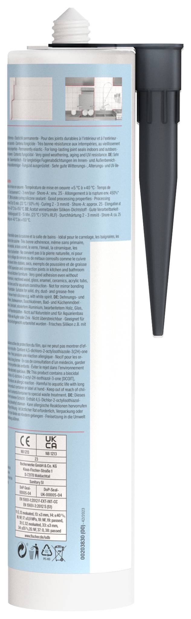 Une cartouche haute blanche et bleue avec une buse et un bouchon foncé, présentée comme un emballage de produit pour scellant ou adhésif.
