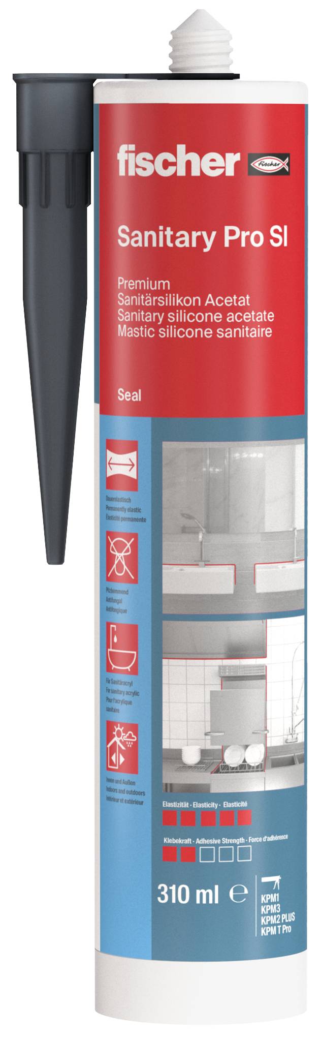 Cartouche de 310 ml de mastic silicone Fischer Sanitary Pro SI avec embout applicateur, étiquettes rouge et bleu.