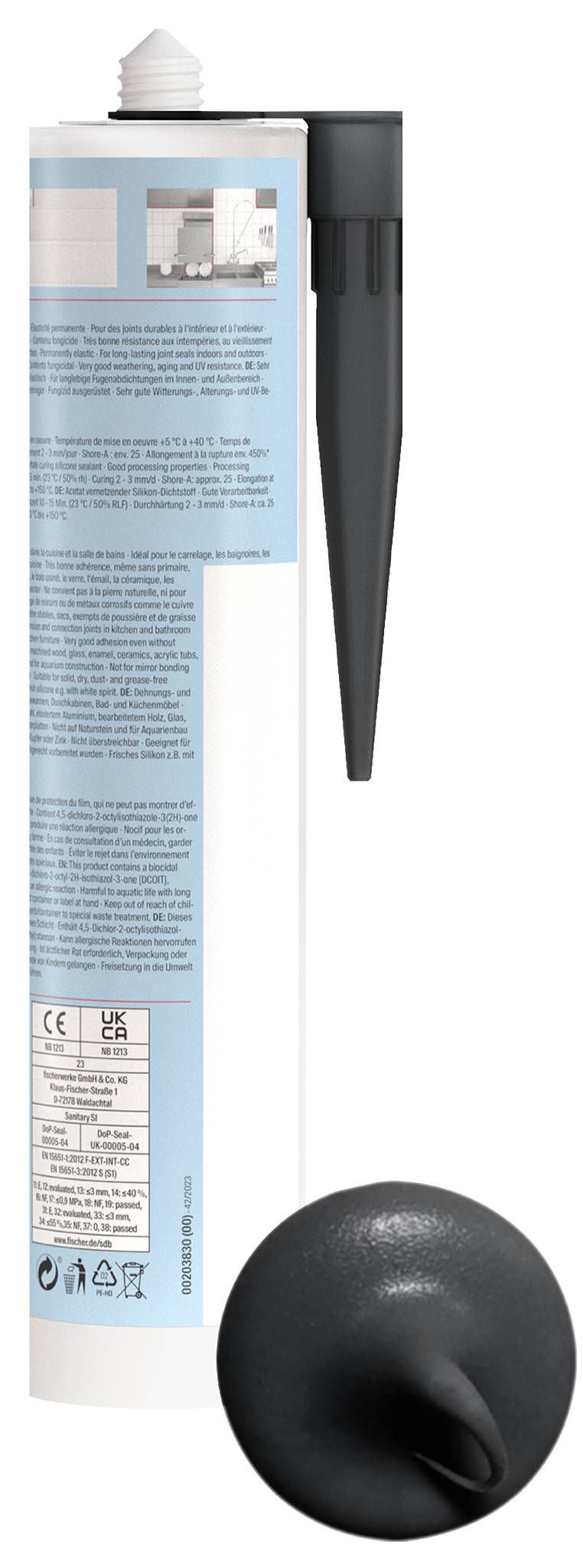 Un pistolet à calfeutrer noir et blanc avec un long embout et un tube de cartouche attaché, présenté avec un capuchon rond noir ou un embout applicateur à l'avant.