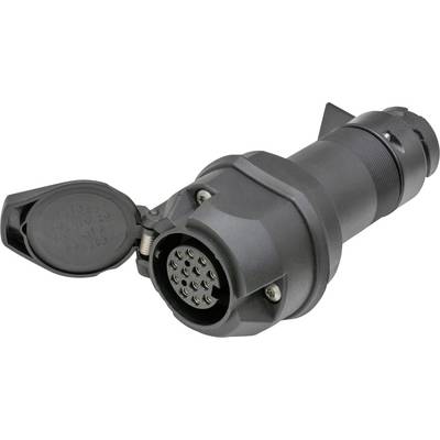 Prise de remorque noire à 13 broches avec couvercle de protection amovible.