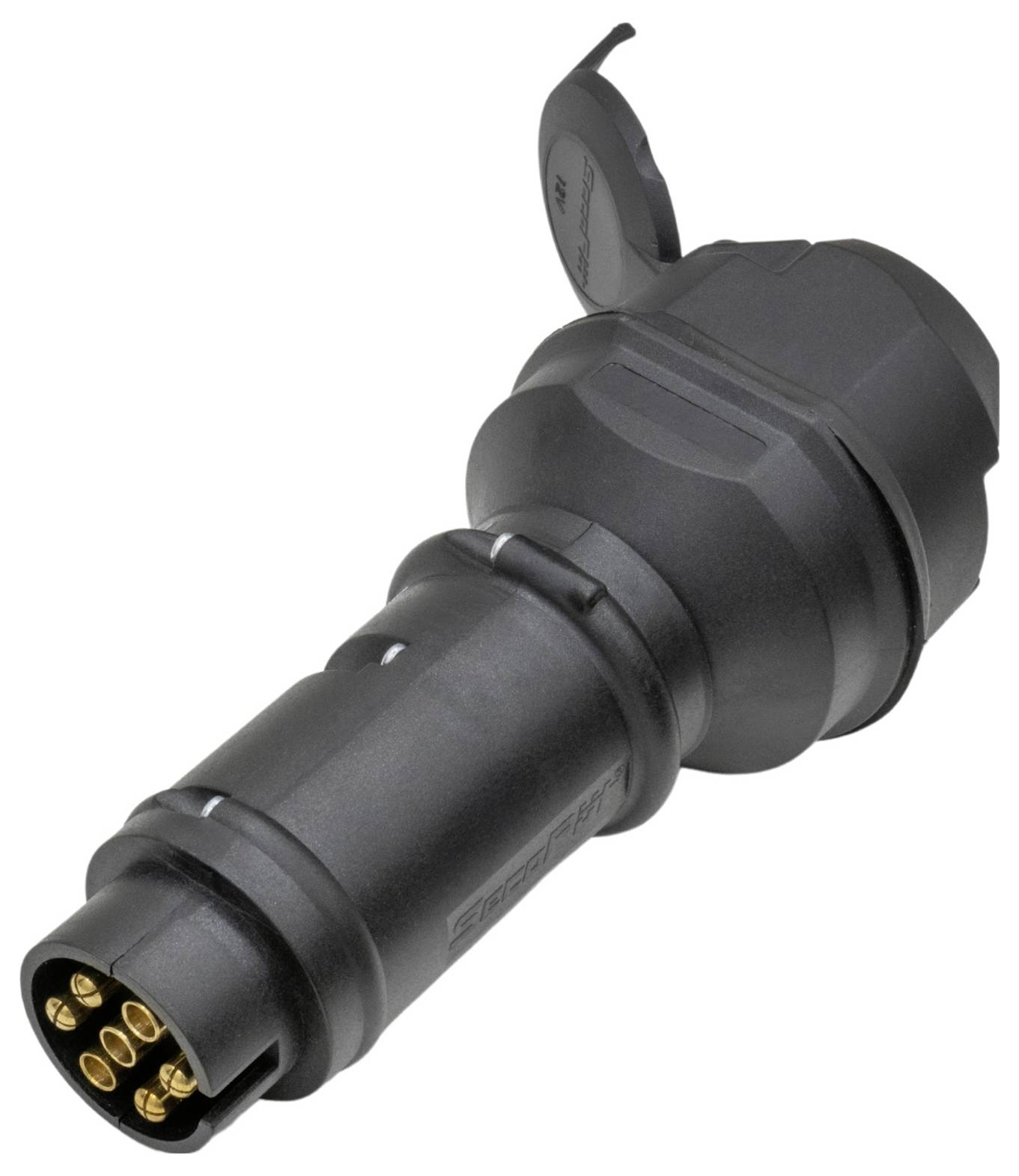 Un connecteur noir pour remorque avec plusieurs contacts métalliques et un capuchon de protection pour les connexions électriques sur les véhicules.