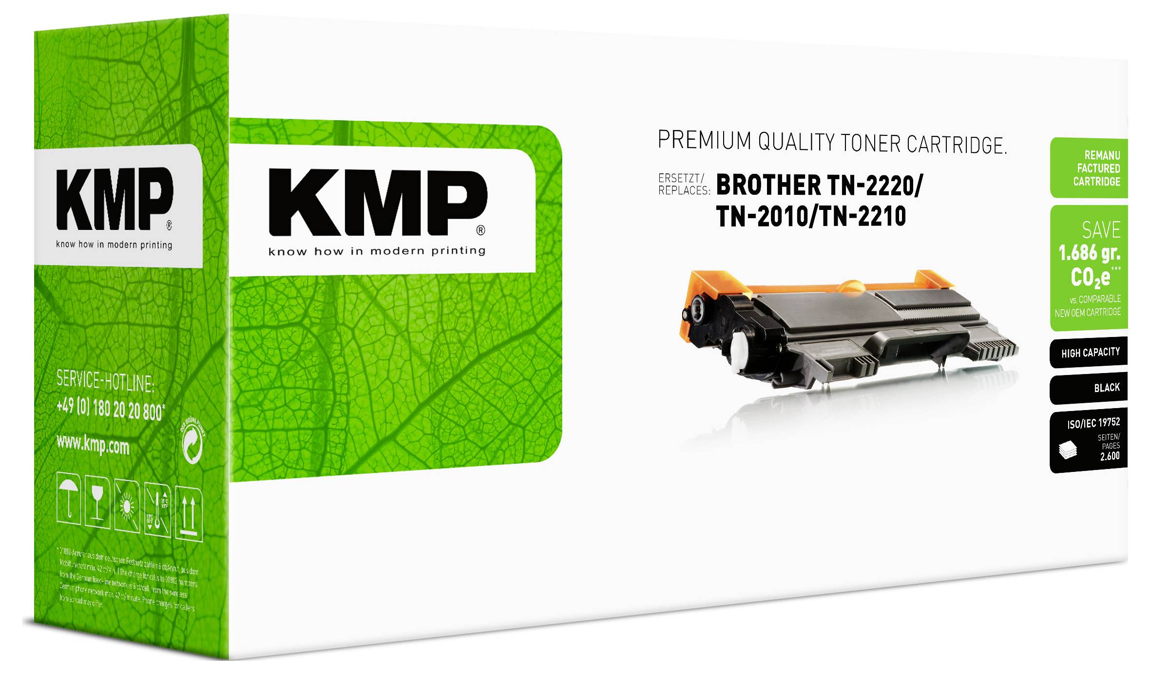Emballage de cartouche de toner KMP pour Brother TN-2220/TN-2010/TN-2210, avec image de produit et étiquettes vertes indiquant les économies et le rendement en pages.