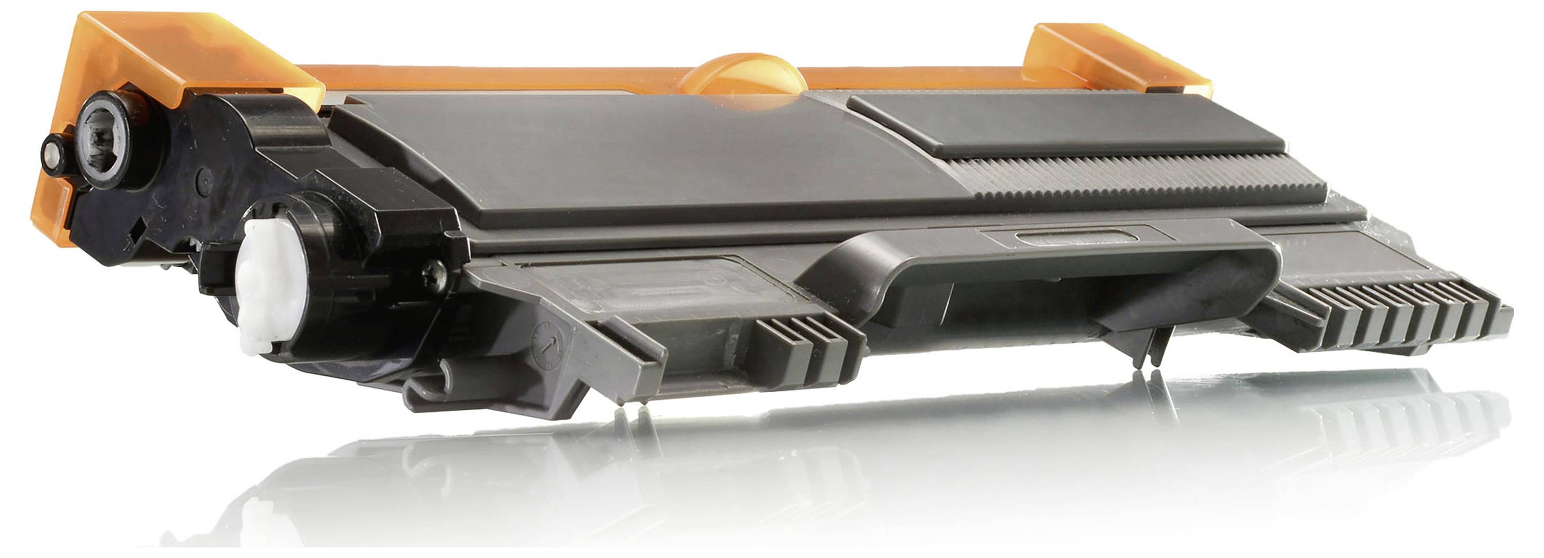 Cartouche de toner d'imprimante noire avec languettes de protection orange, présentée sur un fond blanc.