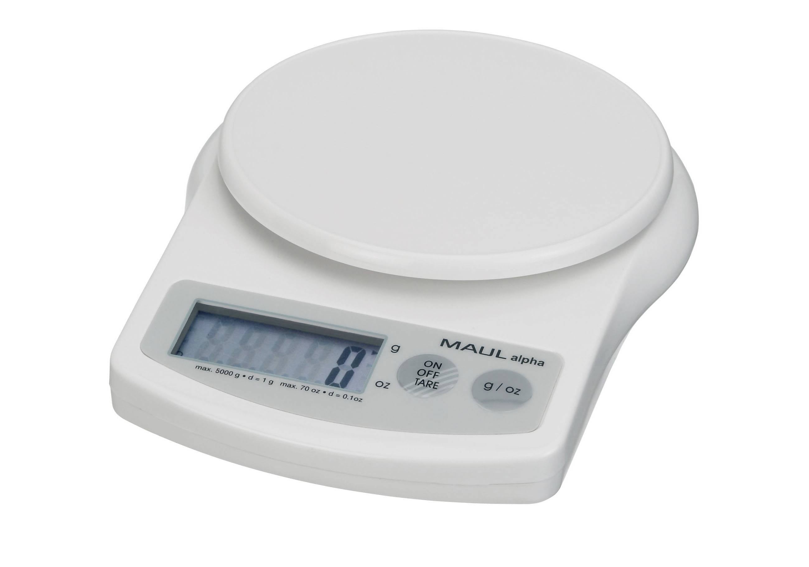Balance de cuisine numérique avec plateau de pesée rond et écran LCD, affichant la marque « MAUL alpha ».