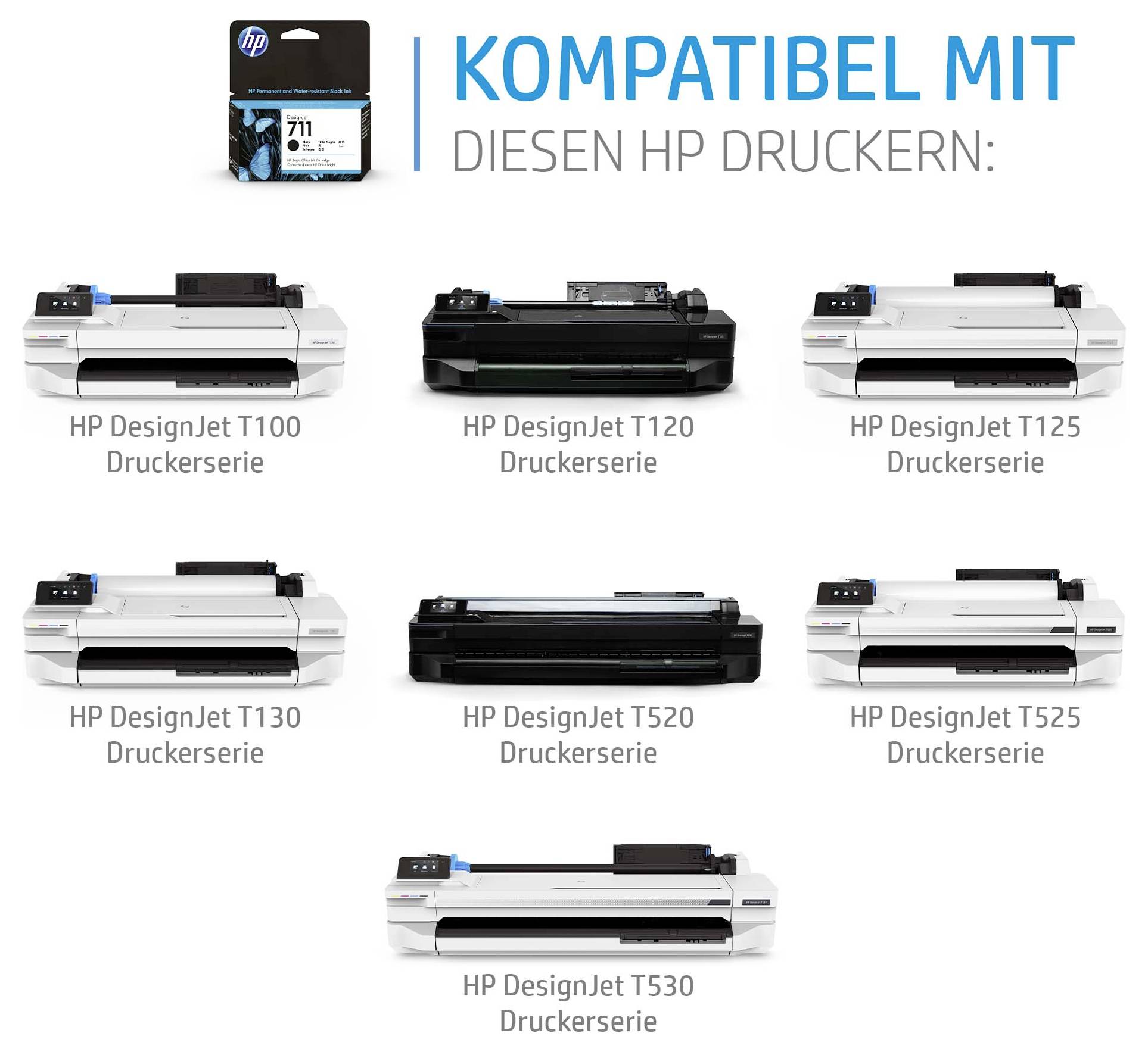 Cartouche d'encre HP 711 compatible avec les imprimantes HP DesignJet : séries T100, T120, T125, T130, T520, T525 et T530.