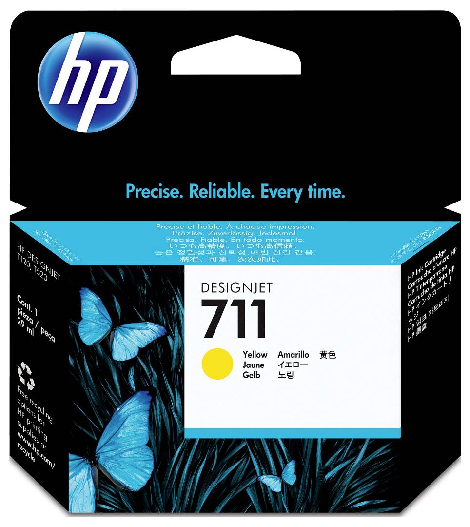 HP DesignJet 711 : boîte de cartouche d'encre jaune avec illustration de papillon bleu et le slogan « Precise. Reliable. Every time. »