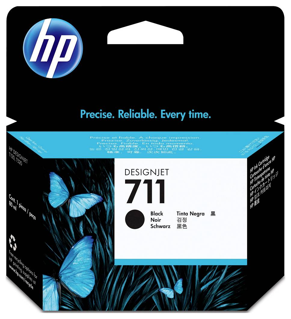 Boîte de cartouche d'encre noire HP DesignJet 711 ornée d'un papillon bleu et du slogan « Precise. Reliable. Every time. »