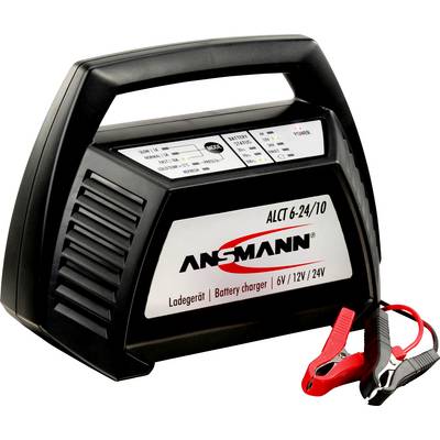 Chargeur de batterie Ansmann ALCT 6-24/10 avec affichage numérique et options de charge pour 6V, 12V et 24V ; bornes rouge et noire.
