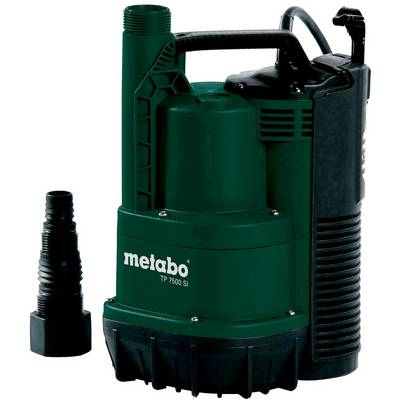 Pompe submersible Metabo TP 7500 SI verte avec adaptateur de tuyau attaché montré sur fond blanc.