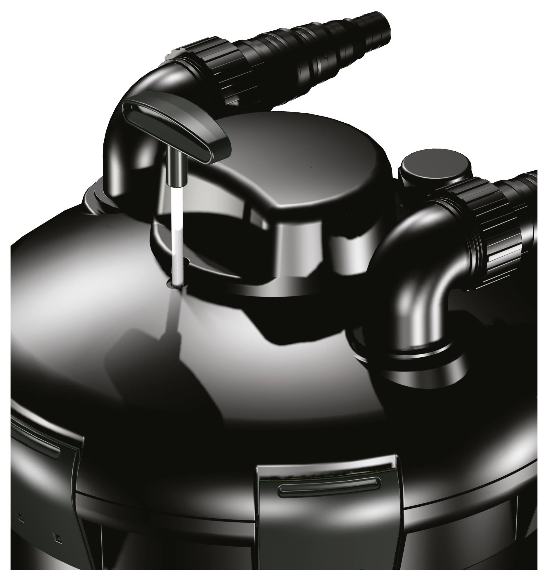 Une photo en gros plan d'un réservoir de filtration noir avec deux tuyaux courbes et un manomètre sur le dessus.