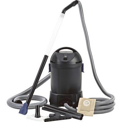 Un aspirateur noir et blanc doté de plusieurs accessoires et d'un sac filtrant en papier, conçu pour des tâches de nettoyage polyvalentes.