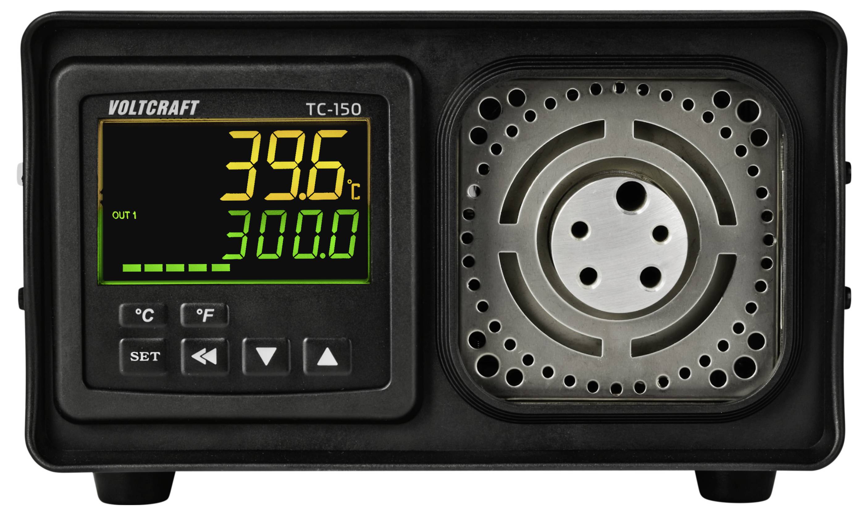 Contrôleur de température VOLTCRAFT TC-150 affichant 39,6°C et 300,0 sur un écran numérique avec des boutons de commande et une grille de ventilateur aérée.