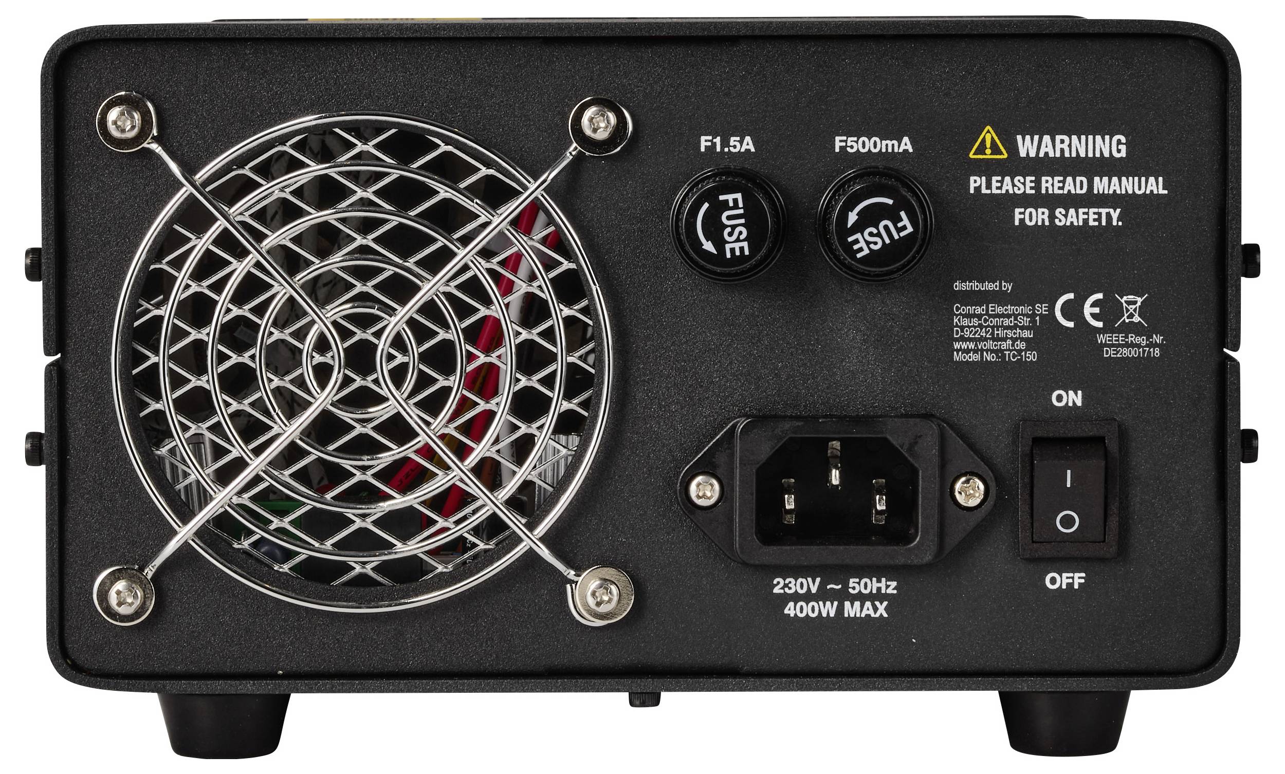 Arrière d'un appareil électronique noir avec un grand ventilateur de refroidissement, des porte-fusibles, une prise d'alimentation et un interrupteur MARCHE/ARRÊT, étiqueté avec un avertissement et 230V 50Hz 400W max.