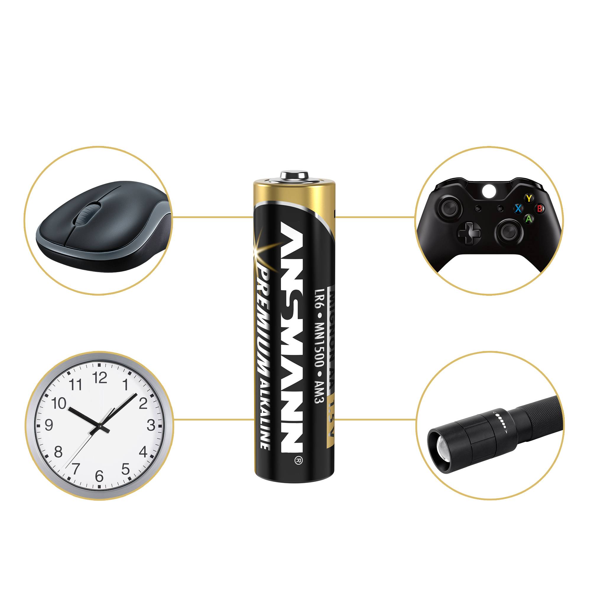 Pile alcaline AA Mignon d'Ansmann avec étiquette "Qualité testée" et certification de performance et de fabrication.