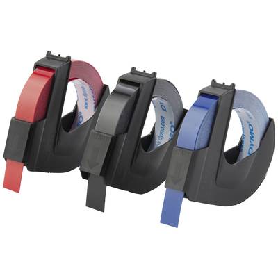 Trois rubans d'étiqueteuse dans des couleurs rouge, noir et bleu, installés dans leurs supports, disposés côte à côte.