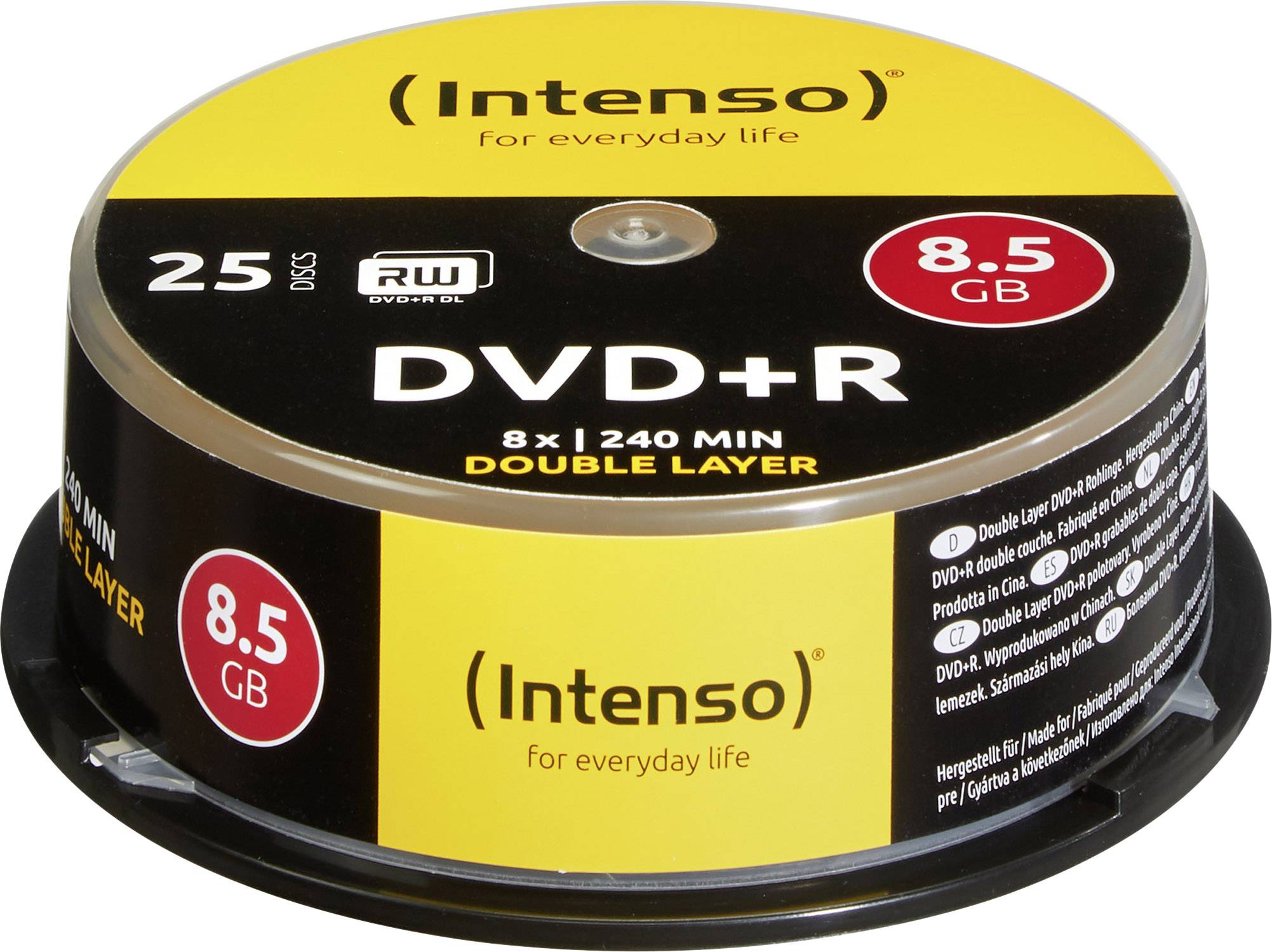 Un lot de 25 DVD+R vierges de la marque Intenso, chacune d'une capacité de 8,5 Go, adaptées au stockage de données.