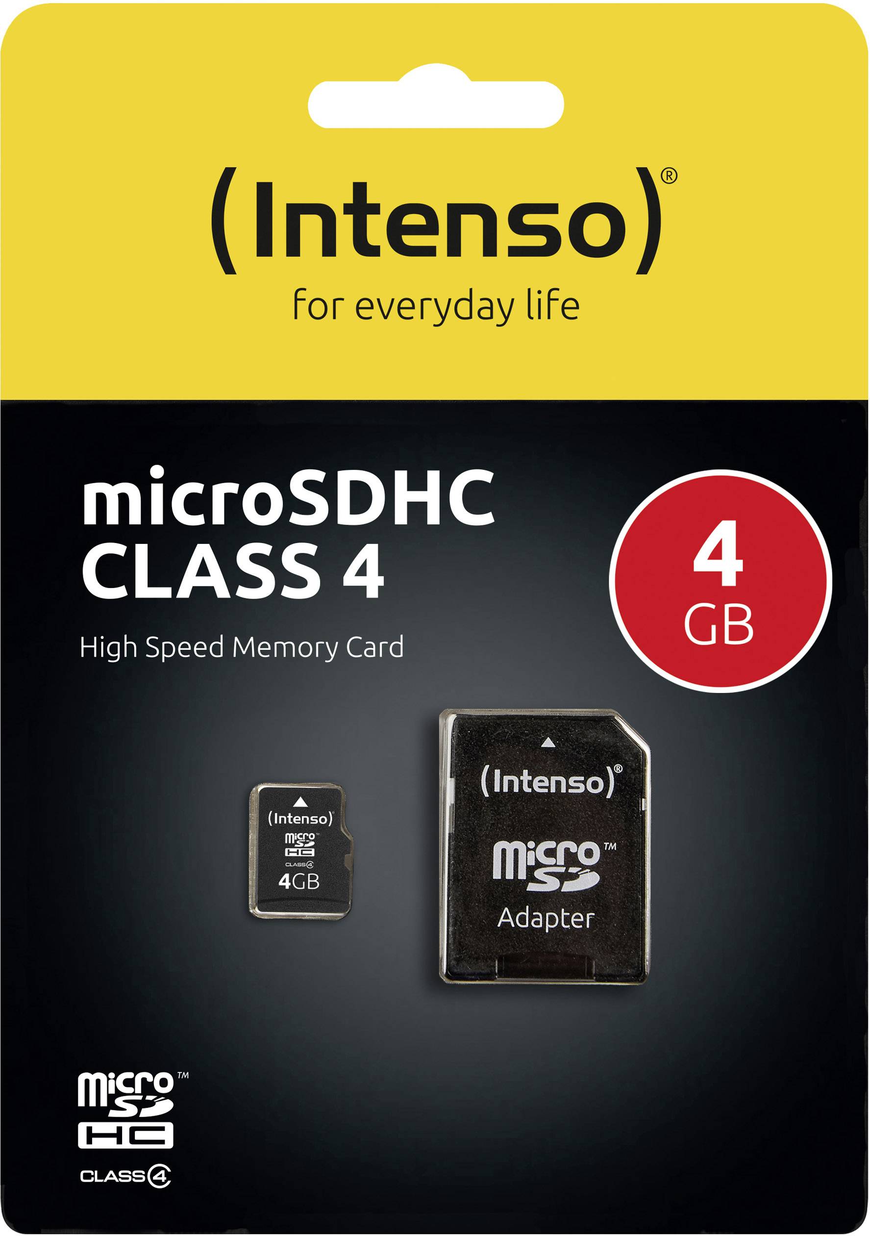 Une carte mémoire microSDHC de 4 Go Classe 4 d'Intenso avec adaptateur, adaptée au stockage haute vitesse. L'emballage présente le logo de la marque.
