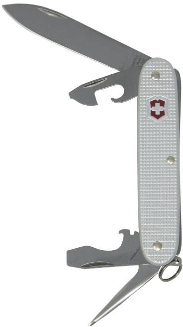 Couteau suisse avec lames et outils déployés, montrant la lame de couteau, l'ouvre-boîte et le tournevis.