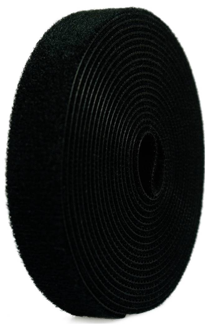Bande de fermeture velcro noire, enroulée, en gros plan. La bande est épaisse et densément enroulée, prête à être utilisée.