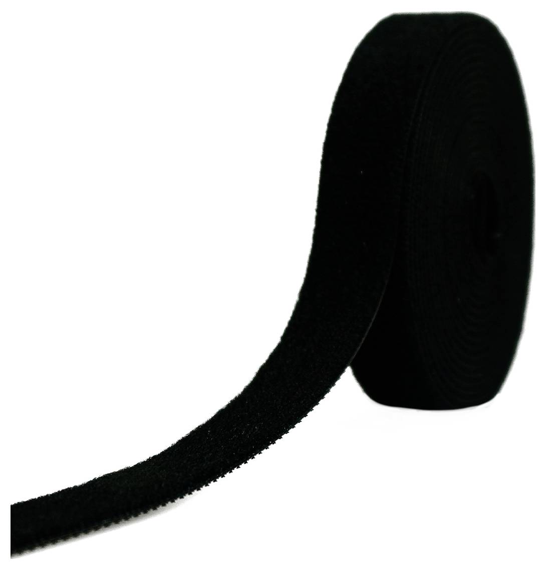 Un ruban à velcro noir, partiellement enroulé. Idéal pour l'organisation et la fixation de câbles ou d'objets.