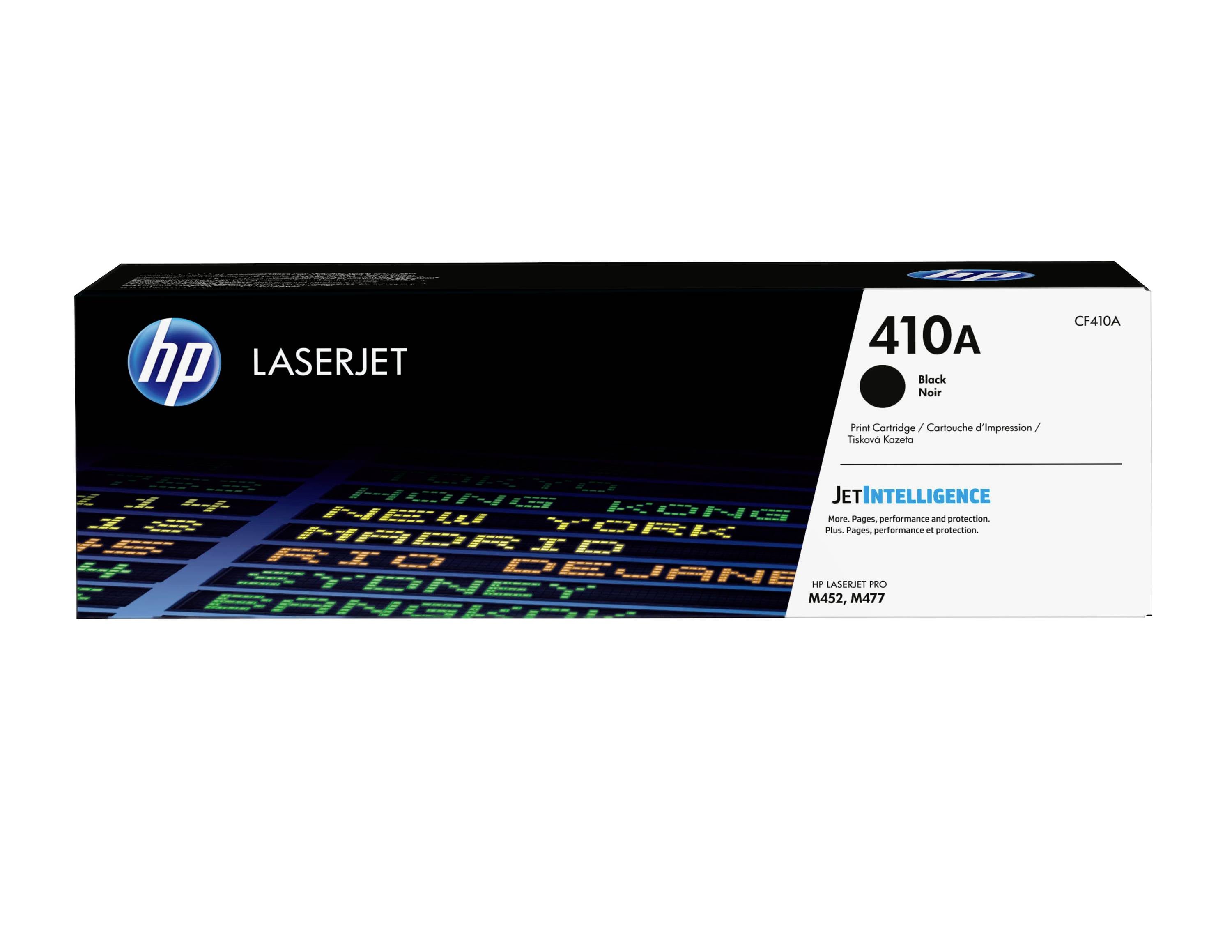Boîte de cartouche de toner noir HP LaserJet 410A, identifiée CF410A, avec la marque JetIntelligence.