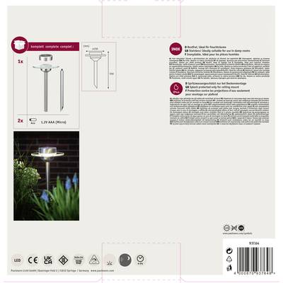 Emballage de produit pour un éclairage LED à piles. Comprend une image de la lampe dans l'obscurité, un gros plan et les spécifications de la batterie.