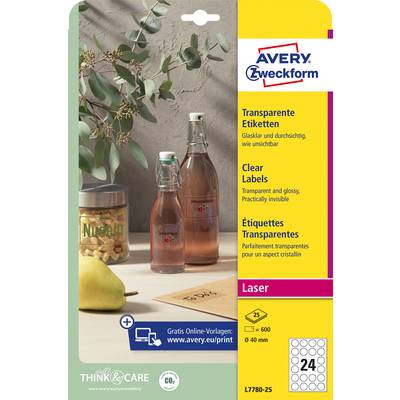 'Paquet d'étiquettes sur table ; deux bouteilles, bocal de pâtes, poire à côté. Étiquettes transparentes Avery Zweckform pour imprimante laser.'