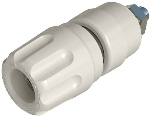 Bouchon en plastique blanc d'un tuyau avec une poignée striée. Il dispose d'un élément de connexion métallique à l'extrémité arrière.