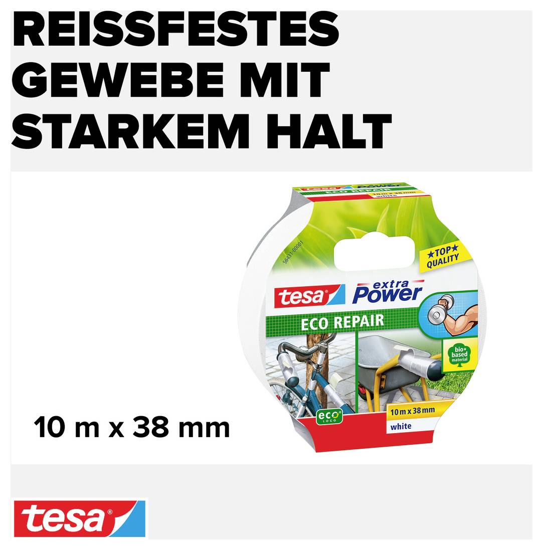 Tissu résistant à la déchirure avec une adhérence puissante. Ruban de réparation tesa extra Power Eco, 10 m x 38 mm, pour les réparations sur les vélos et les tuyaux.