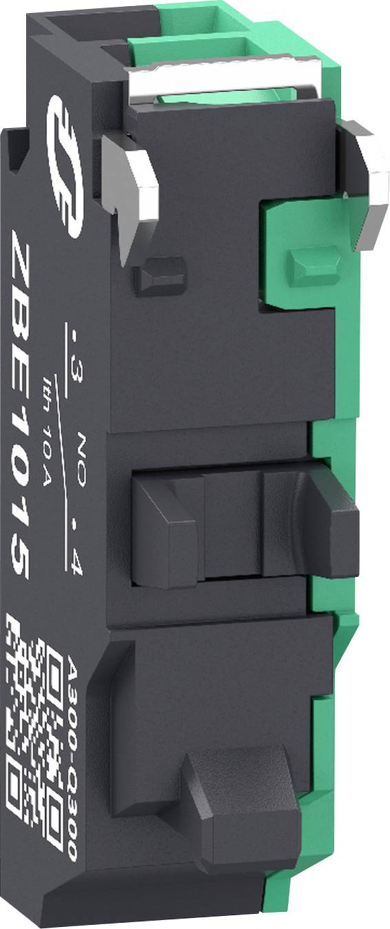 Vue latérale d'un disjoncteur électrique noir et bleu-vert étiqueté « ZBE1015 » avec des positions d'interrupteur et un code QR.