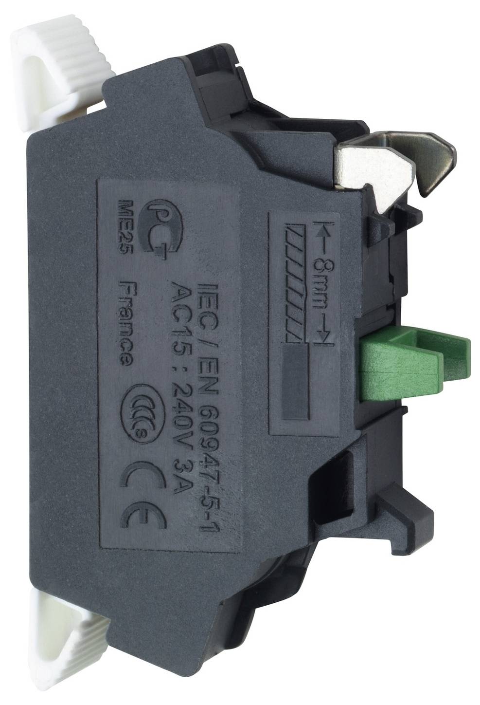 Gros plan d'un module de commutateur électrique noir avec des connecteurs verts et blancs, étiqueté IEC/EN 60947-5-1 et AC15 240V 3A.