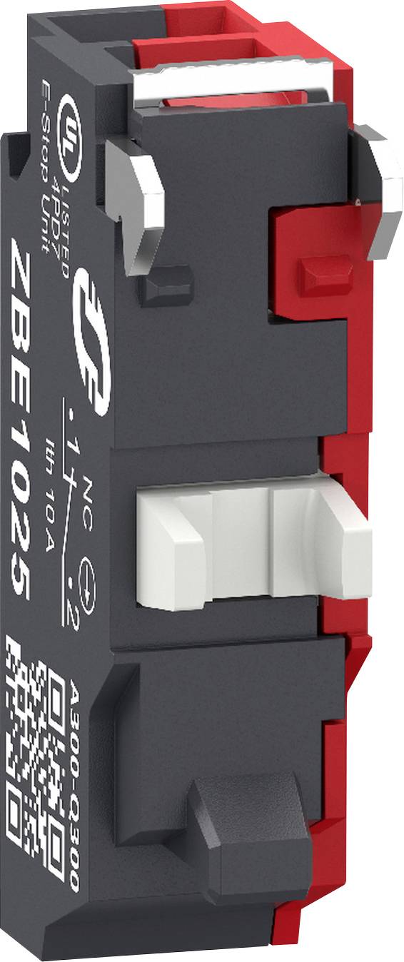 Disjoncteur électrique rendu en 3D avec boîtier rouge et noir, commutateur blanc et étiquette affichant « ZBE1025 », « 1 NC », « 10A » et « 300V AC »